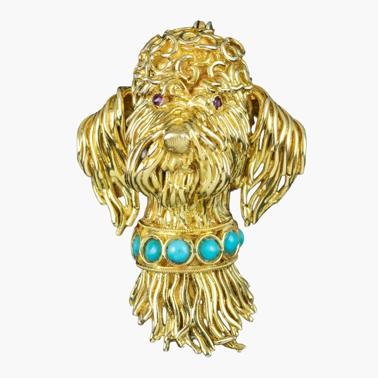 Vintage Poodle Dog Brooch 18ct Gold Turquoise Collar Ruby Eyes