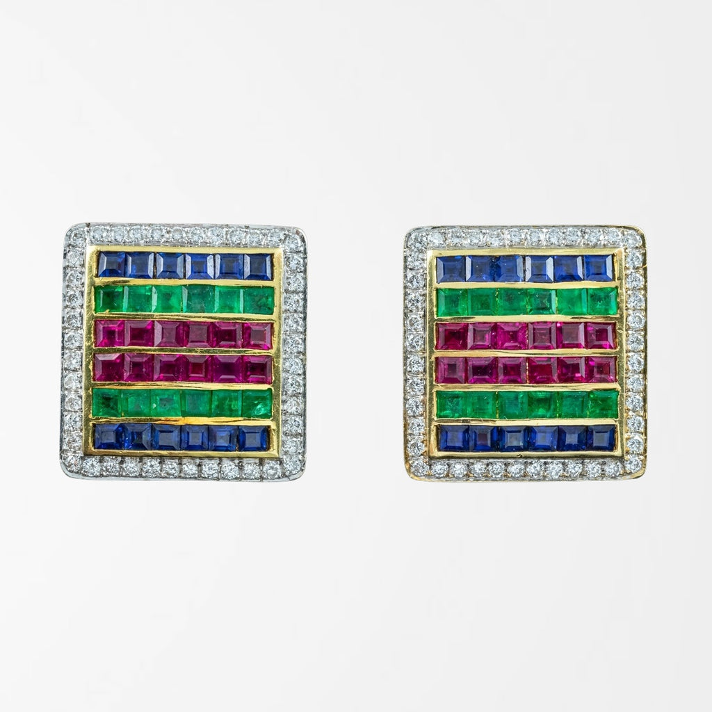 Vintage Tutti Frutti Cluster Earrings Emerald Sapphire Ruby Diamond 18ct Gold