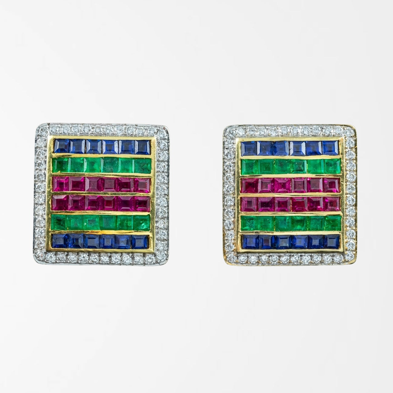 Vintage Tutti Frutti Cluster Earrings Emerald Sapphire Ruby Diamond 18ct Gold