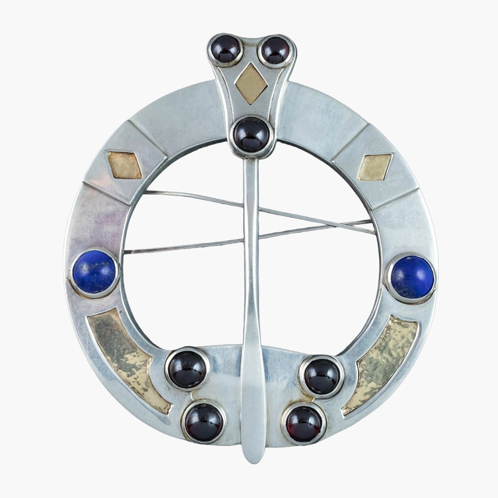 Vintage Celtic Penannular Brooch Garnet Lapis Lazuli Sterling Silver
