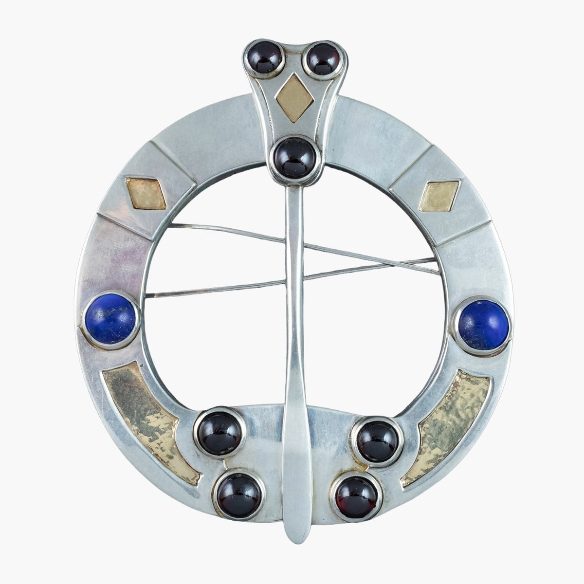 Vintage Celtic Penannular Brooch Garnet Lapis Lazuli Sterling Silver