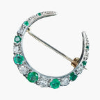 Vintage Emerald Diamond Crescent Moon Brooch 9ct Gold