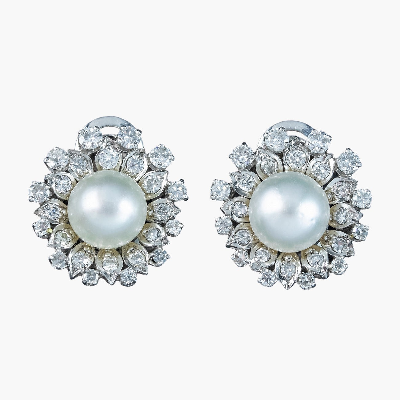 Vintage French Pearl Diamond Flower Clip Earrings 4ct Diamond Main image