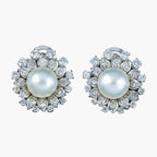 Vintage French Pearl Diamond Flower Clip Earrings 4ct Diamond