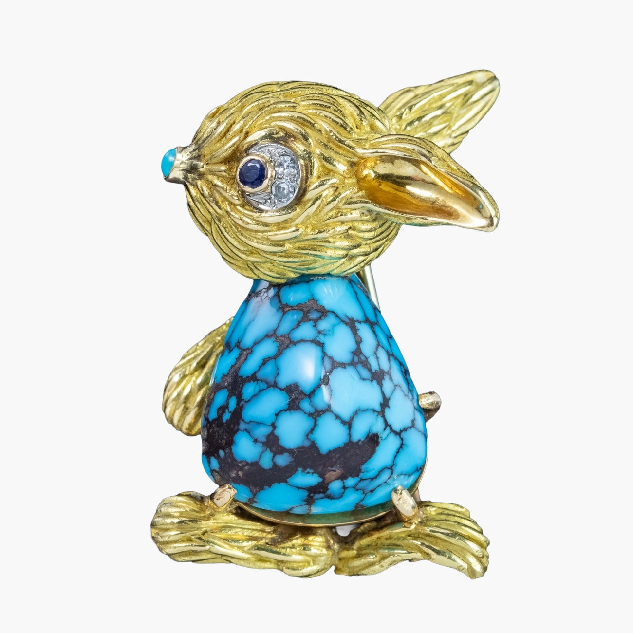 Vintage French Turquoise Diamond Sapphire Rabbit Brooch 18ct Gold