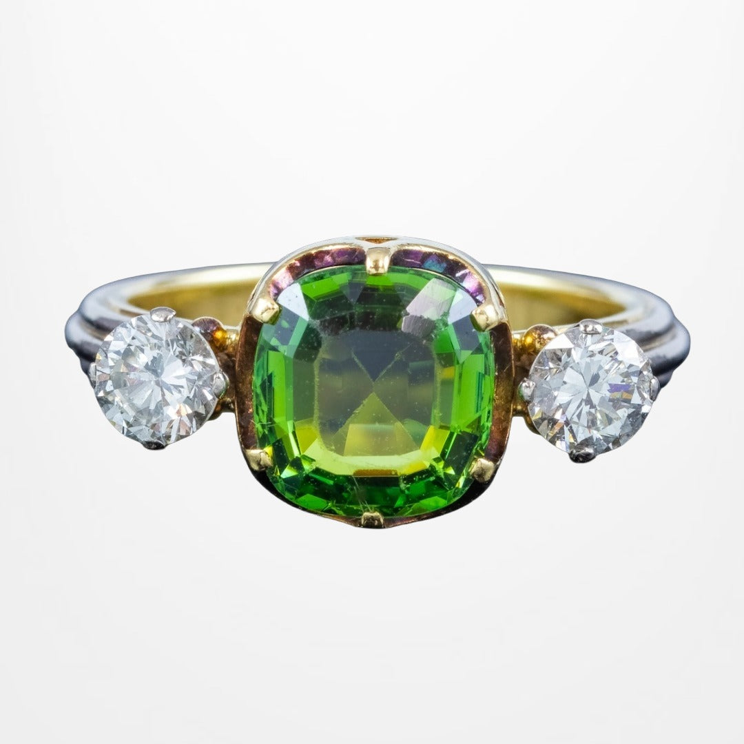 Vintage Green Tourmaline Diamond Trilogy Ring With Box