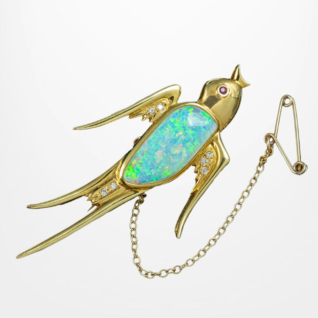Vintage Opal Diamond Swallow Bird Brooch 18ct Gold Main image