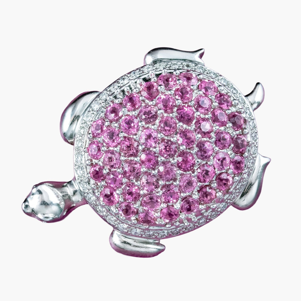 Vintage Pink Tourmaline Diamond Turtle Brooch 18ct Gold