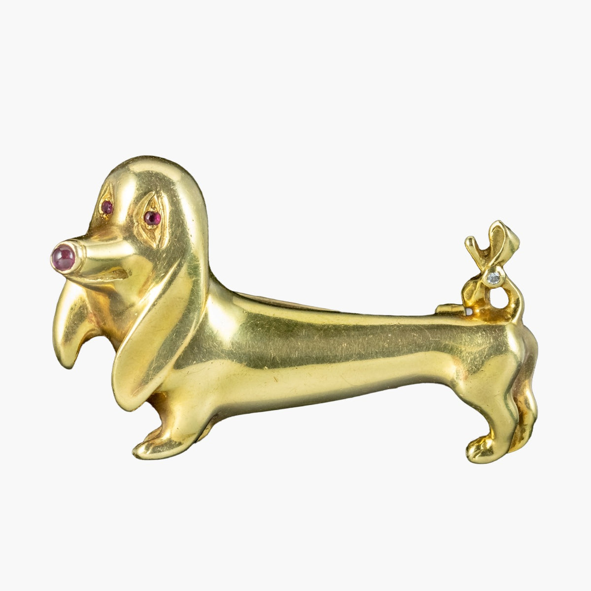 Vintage Sausage Dog Brooch 18ct Gold Ruby And Diamond Main image