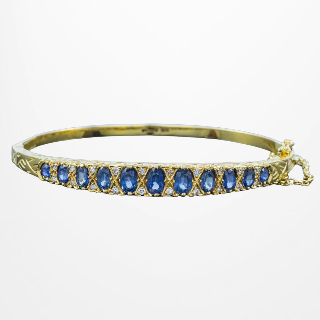 Vintage Victorian Revival Blue Sapphire Diamond Bangle 18ct Gold Main image