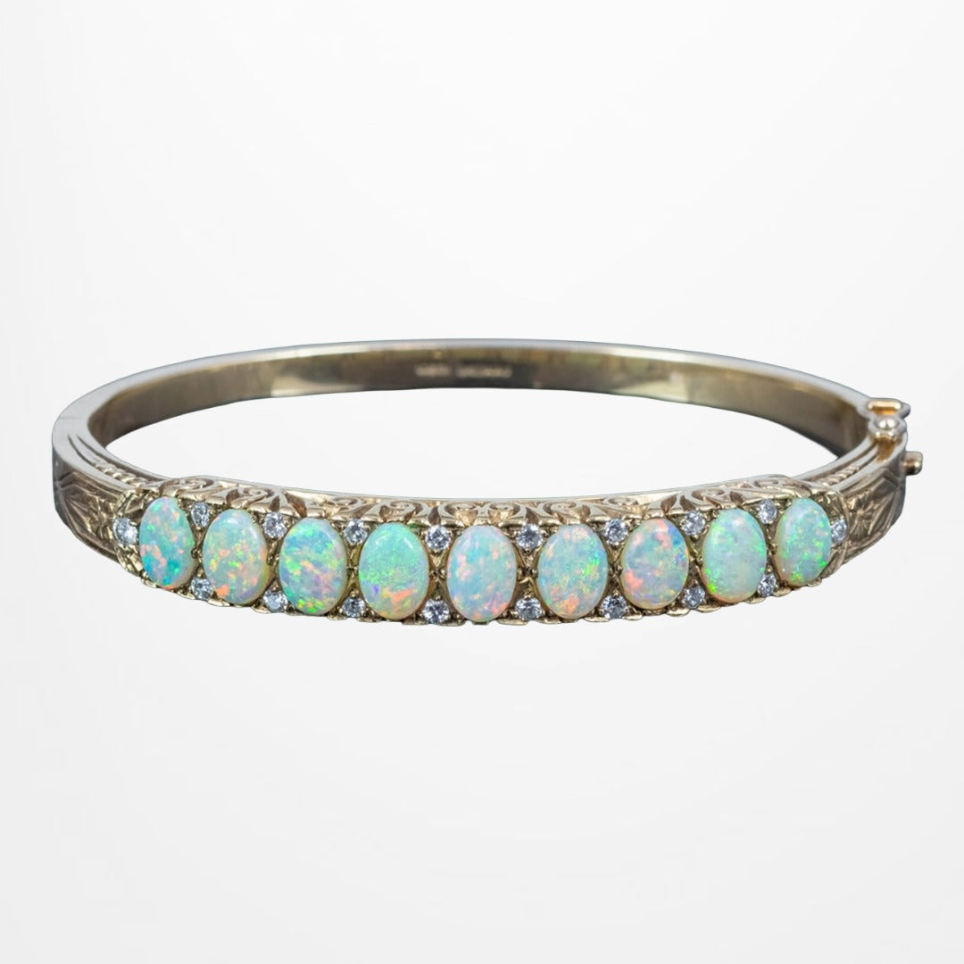 Vintage Victorian Revival Opal Diamond Bangle 9ct Gold Dated 1980 Main image