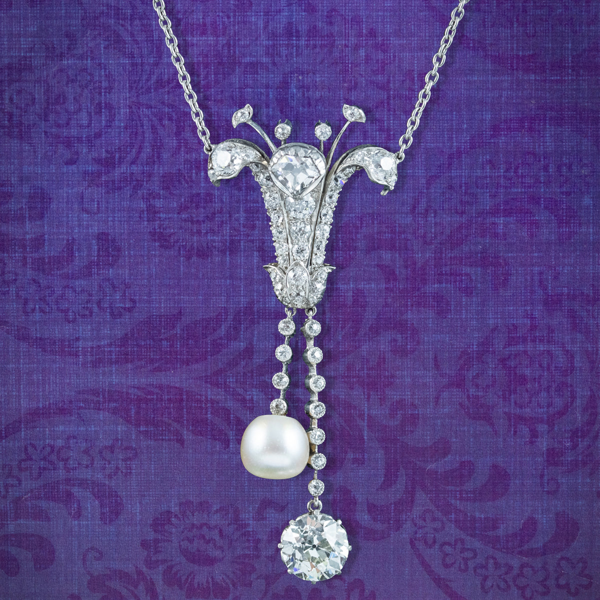 Art Deco Diamond Pearl Lily Lavaliere Necklace 5ct Of Diamond With Cert Main image