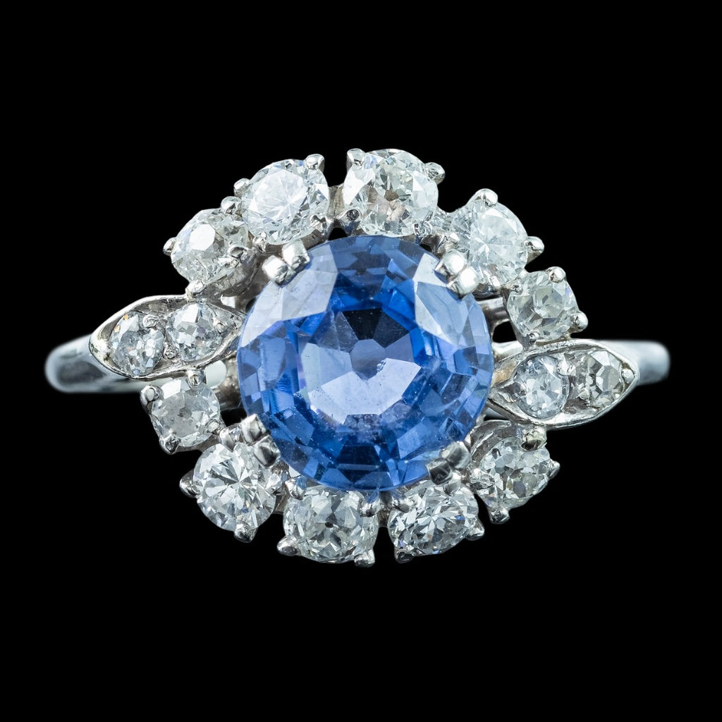 Vintage Sapphire Diamond Cluster Ring Mauboussin 3.40ct Sapphire With Cert