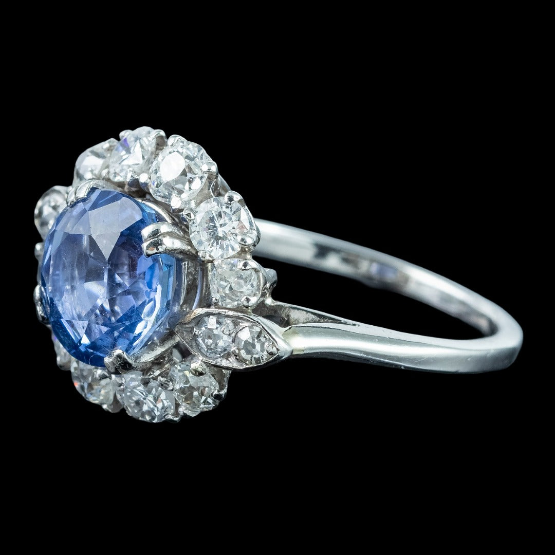 Vintage Sapphire Diamond Cluster Ring Mauboussin 3.40ct Sapphire With Cert