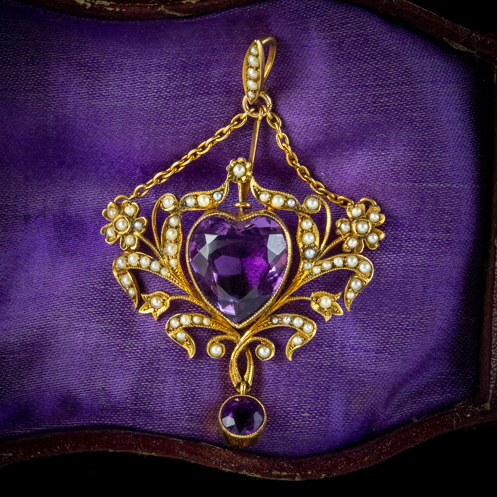 ANTIQUE VICTORIAN AMETHYST PEARL HEART PENDANT 18CT GOLD 10CT AMETHYST CIRCA 1900