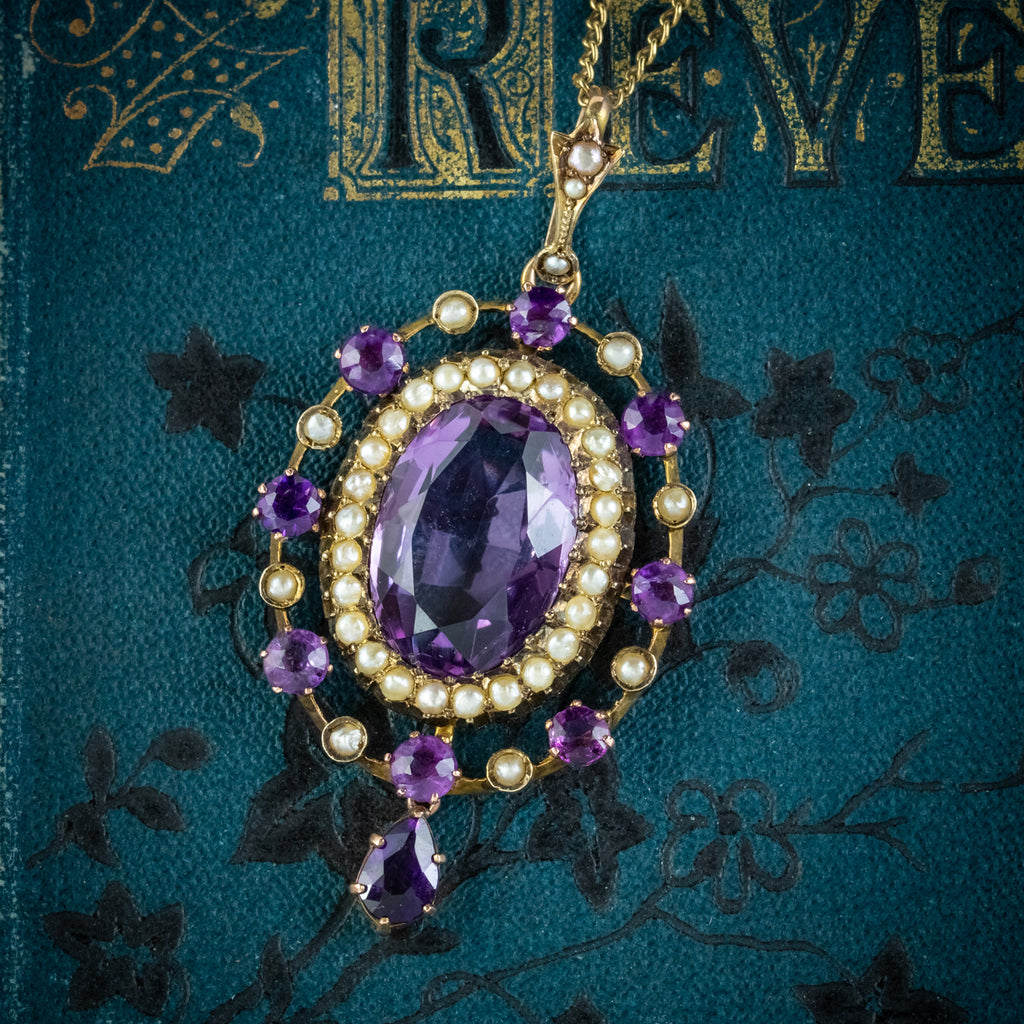 ANTIQUE VICTORIAN AMETHYST PEARL PENDANT NECKLACE 9CT GOLD 12CT AMETHYST CIRCA 1900