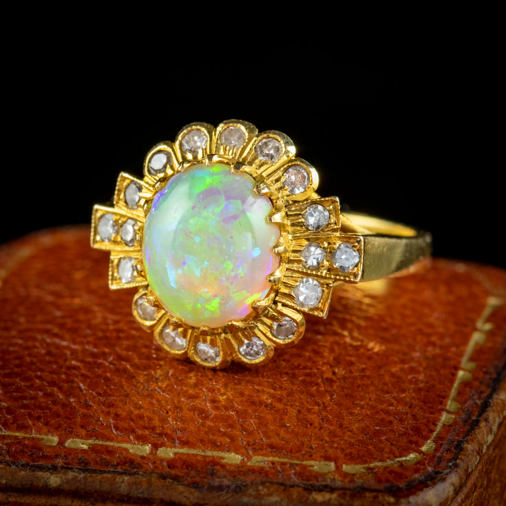 Vintage Opal Diamond Cluster Ring 18ct Gold 1.5ct Natural Opal