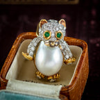 VINTAGE DIAMOND PEARL BEAR PENDANT BROOCH 18CT GOLD EMERALD EYES 2CT OF DIAMOND