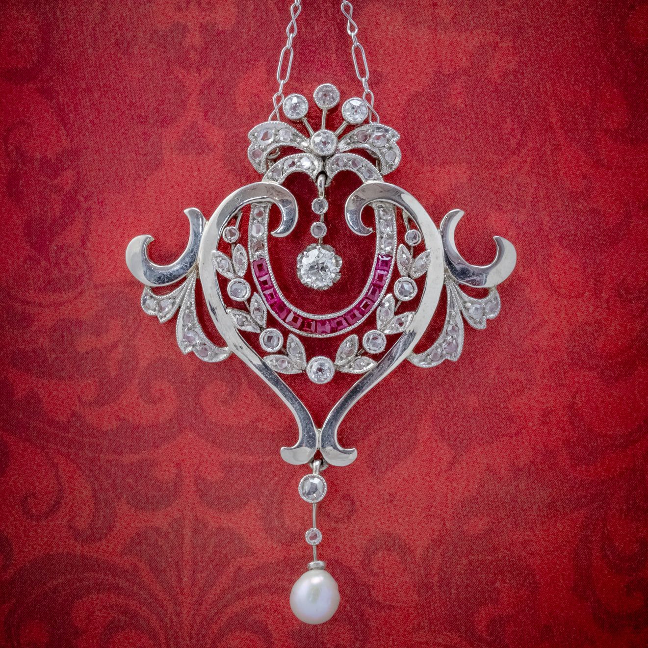 ANTIQUE DIAMOND RUBY PEARL PENDANT NECKLACE PLATINUM 18CT GOLD CIRCA 1915 BOXED COVER Main image