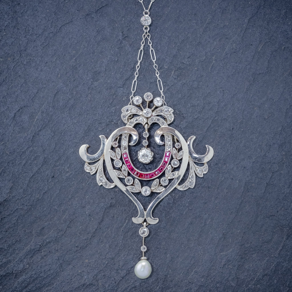 ANTIQUE DIAMOND RUBY PEARL PENDANT NECKLACE PLATINUM 18CT GOLD CIRCA 1915 BOXED FRONT2