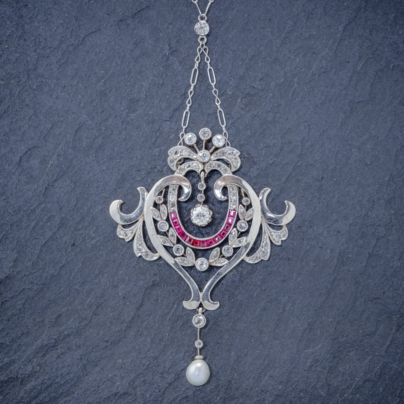 ANTIQUE DIAMOND RUBY PEARL PENDANT NECKLACE PLATINUM 18CT GOLD CIRCA 1915 BOXED FRONT2