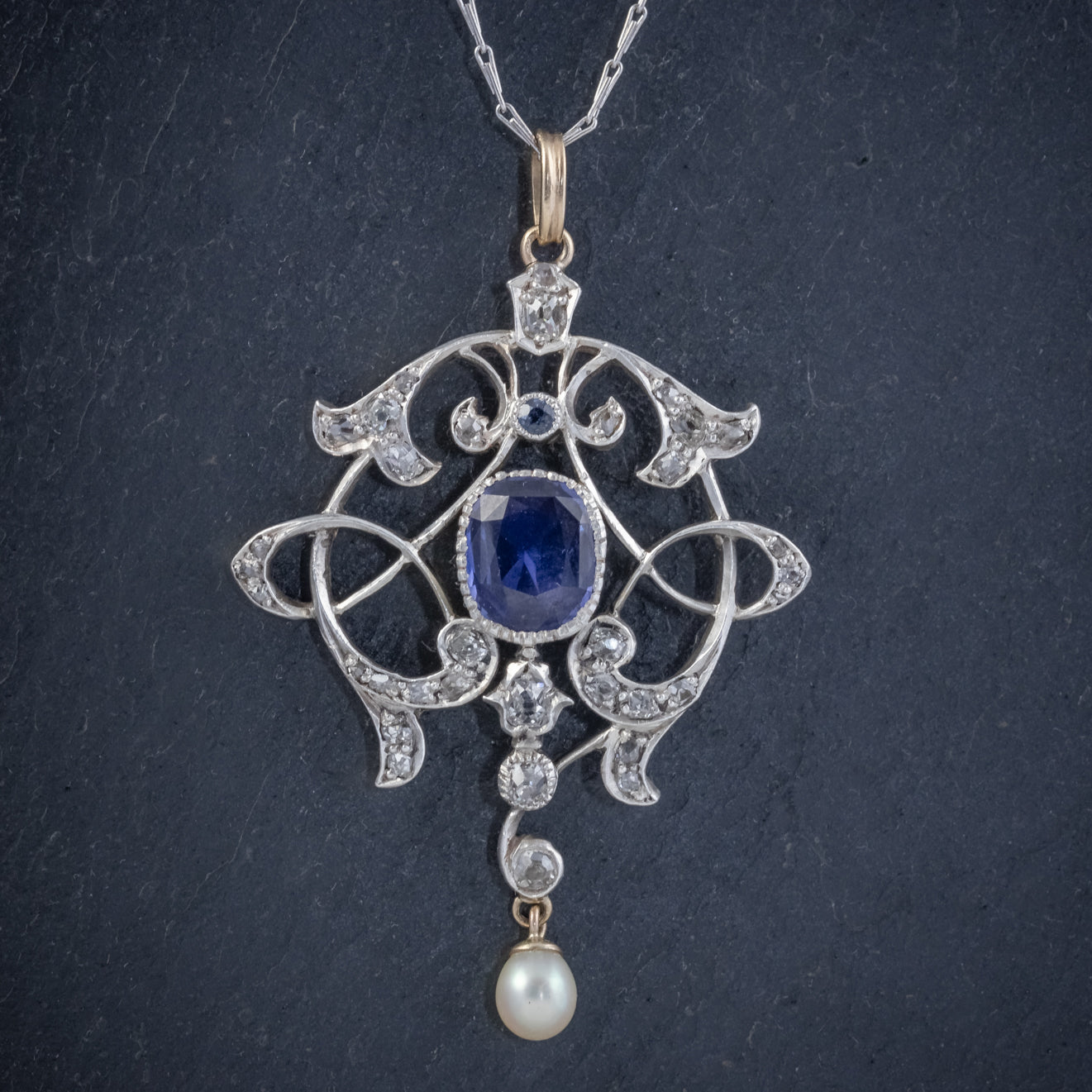 ANTIQUE EDWARDIAN 3.25CT SAPPHIRE DIAMOND PENDANT NECKLACE PLATINUM 18CT GOLD CIRCA 1905 Secondary image