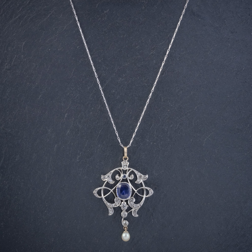 ANTIQUE EDWARDIAN 3.25CT SAPPHIRE DIAMOND PENDANT NECKLACE PLATINUM 18CT GOLD CIRCA 1905 NECK