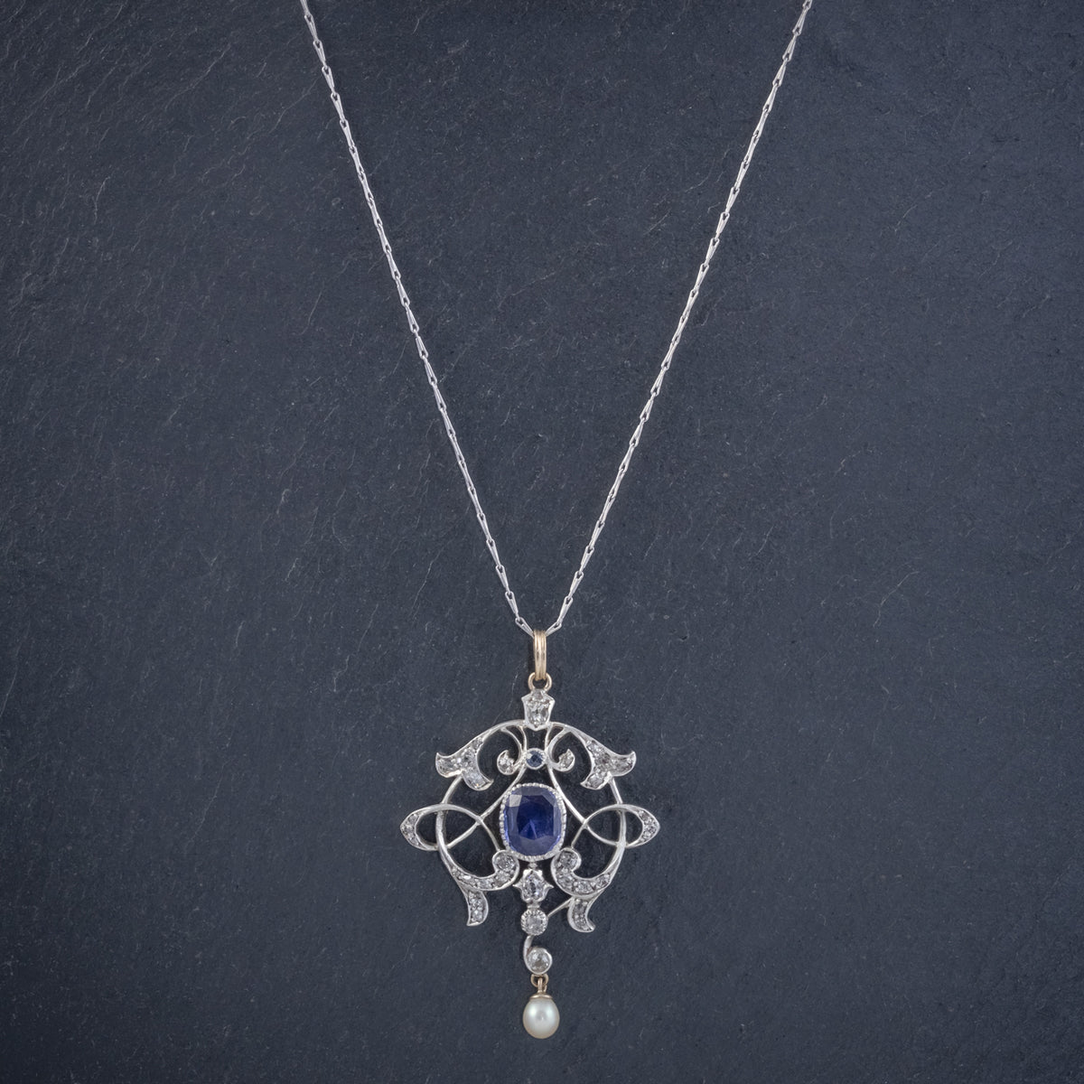 ANTIQUE EDWARDIAN 3.25CT SAPPHIRE DIAMOND PENDANT NECKLACE PLATINUM 18CT GOLD CIRCA 1905 NECK