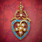 ANTIQUE EDWARDIAN PEARL HEART PENDANT BROOCH 15CT GOLD BLUE ENAMEL CIRCA 1905 BOXED COVER