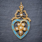ANTIQUE EDWARDIAN PEARL HEART PENDANT BROOCH 15CT GOLD BLUE ENAMEL CIRCA 1905 BOXED FRONT