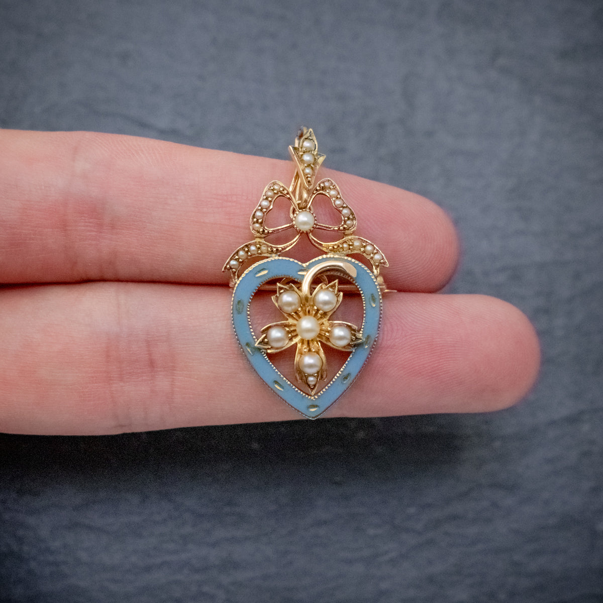 ANTIQUE EDWARDIAN PEARL HEART PENDANT BROOCH 15CT GOLD BLUE ENAMEL CIRCA 1905 BOXED HAND