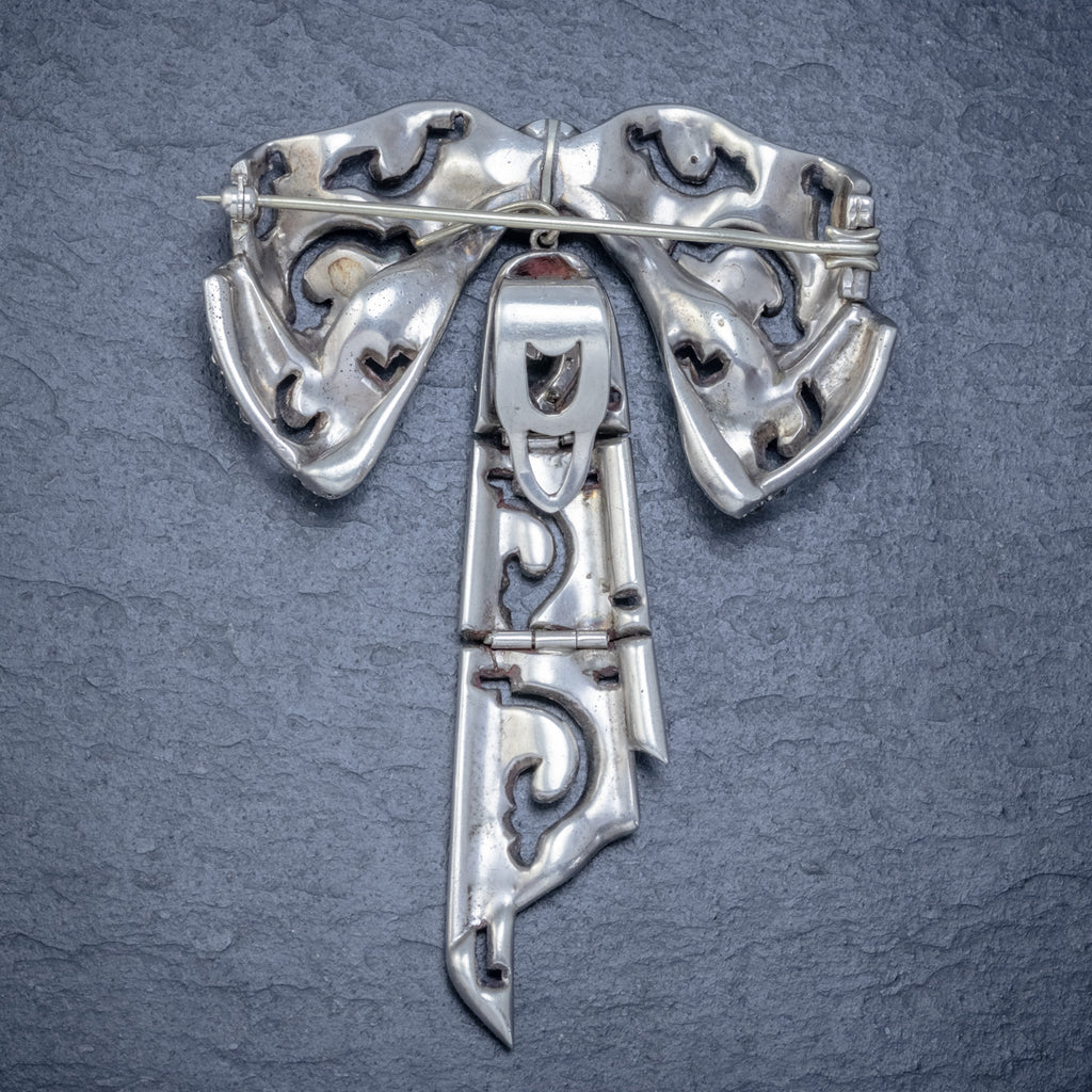ANTIQUE EDWARDIAN SILVER PASTE BOW BROOCH AND CLIP SET CIRCA 1910 BACK