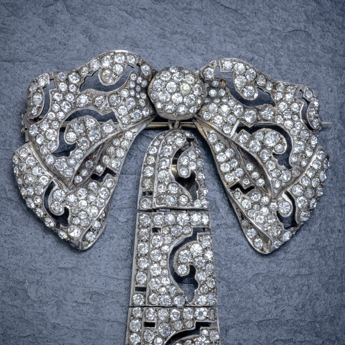 ANTIQUE EDWARDIAN SILVER PASTE BOW BROOCH AND CLIP SET CIRCA 1910 CLOSE