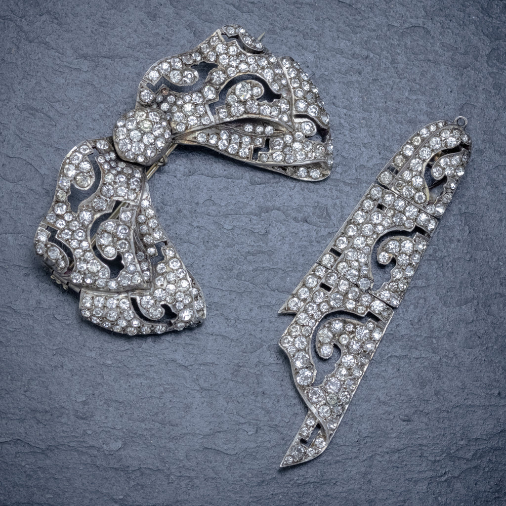 ANTIQUE EDWARDIAN SILVER PASTE BOW BROOCH AND CLIP SET CIRCA 1910 BROOCH AND CLIP