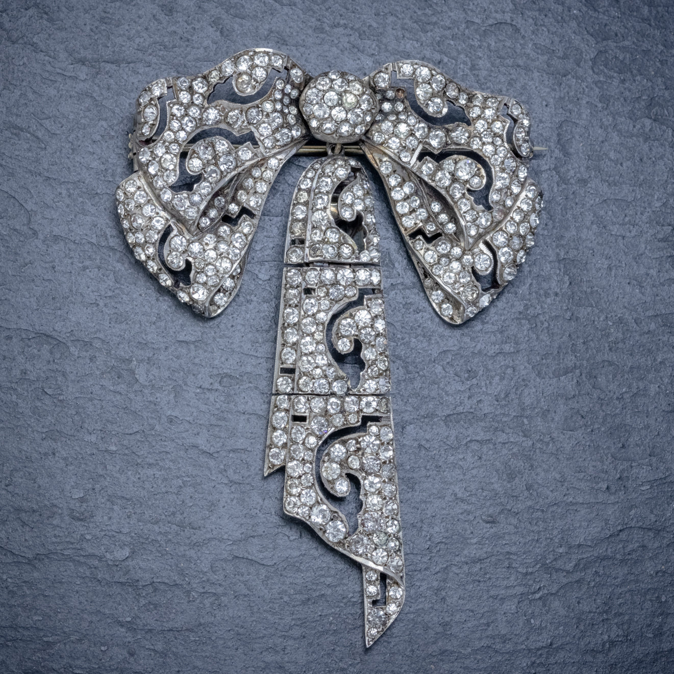 ANTIQUE EDWARDIAN SILVER PASTE BOW BROOCH AND CLIP SET CIRCA 1910 FRONT