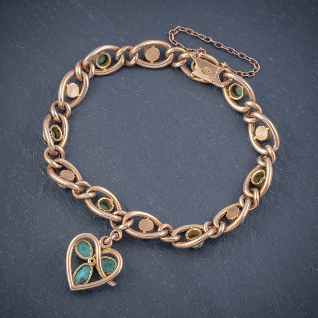 ANTIQUE EDWARDIAN TURQUOISE HEART CLOVER CURB BRACELET 15CT GOLD CIRCA 1905 BOXED BACK