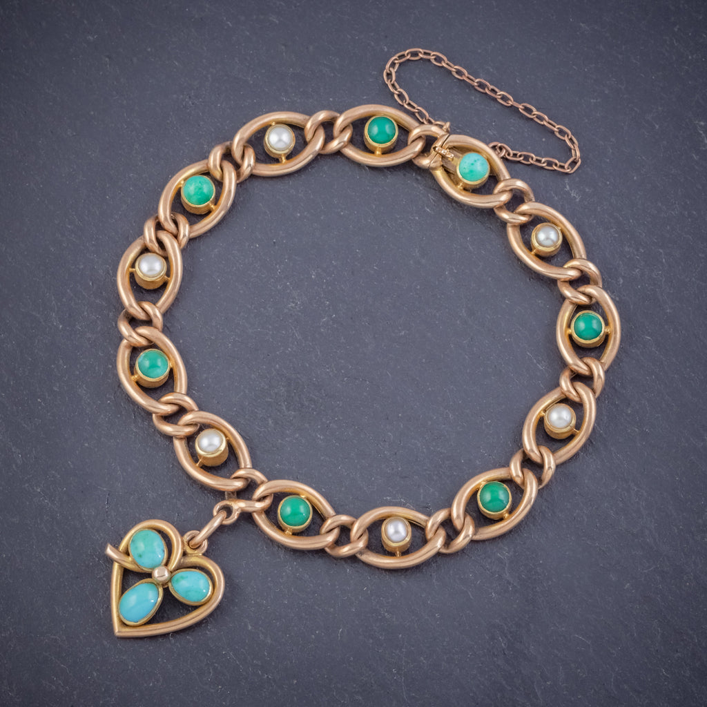 ANTIQUE EDWARDIAN TURQUOISE HEART CLOVER CURB BRACELET 15CT GOLD CIRCA 1905 BOXED FRONT