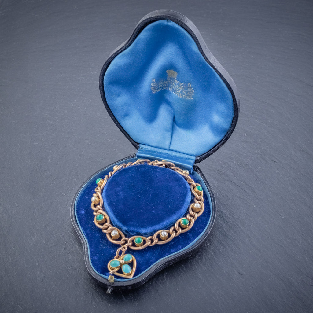 ANTIQUE EDWARDIAN TURQUOISE HEART CLOVER CURB BRACELET 15CT GOLD CIRCA 1905 BOXED OPEN