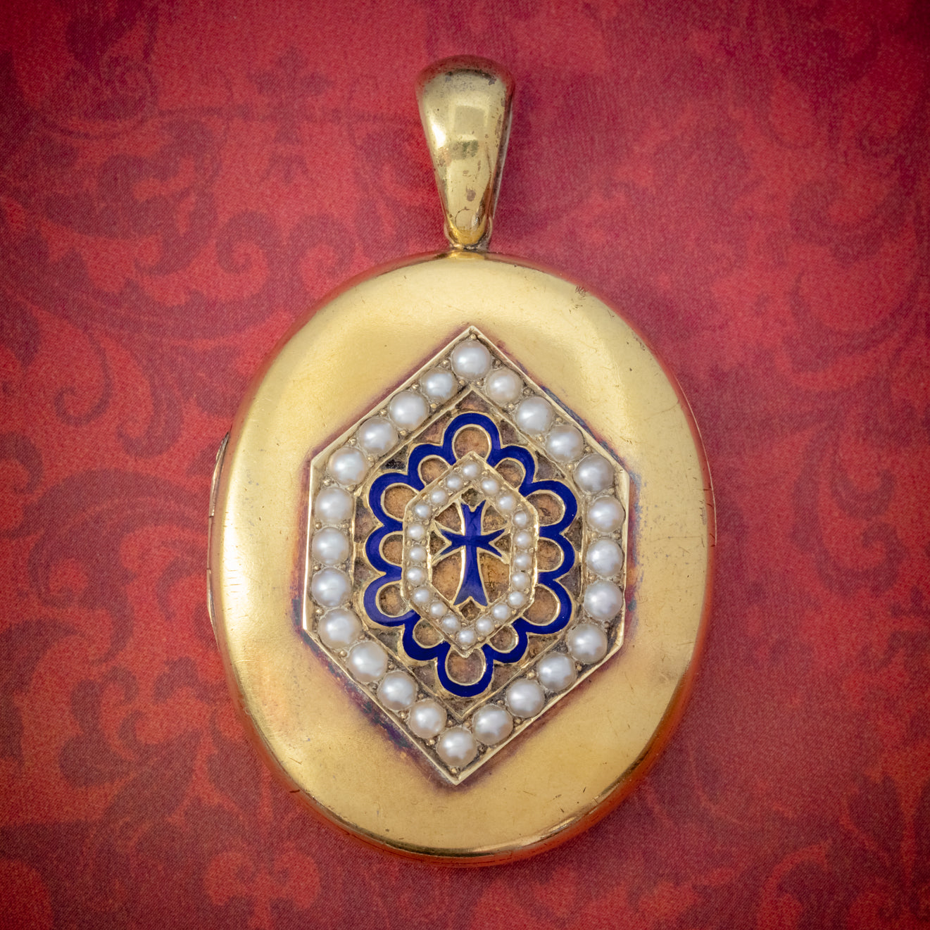ANTIQUE VICTORIAN 18CT GOLD PEARL LOCKET BLUE ENAMEL CROSS CIRCA 1900 BOXED COVER Main image