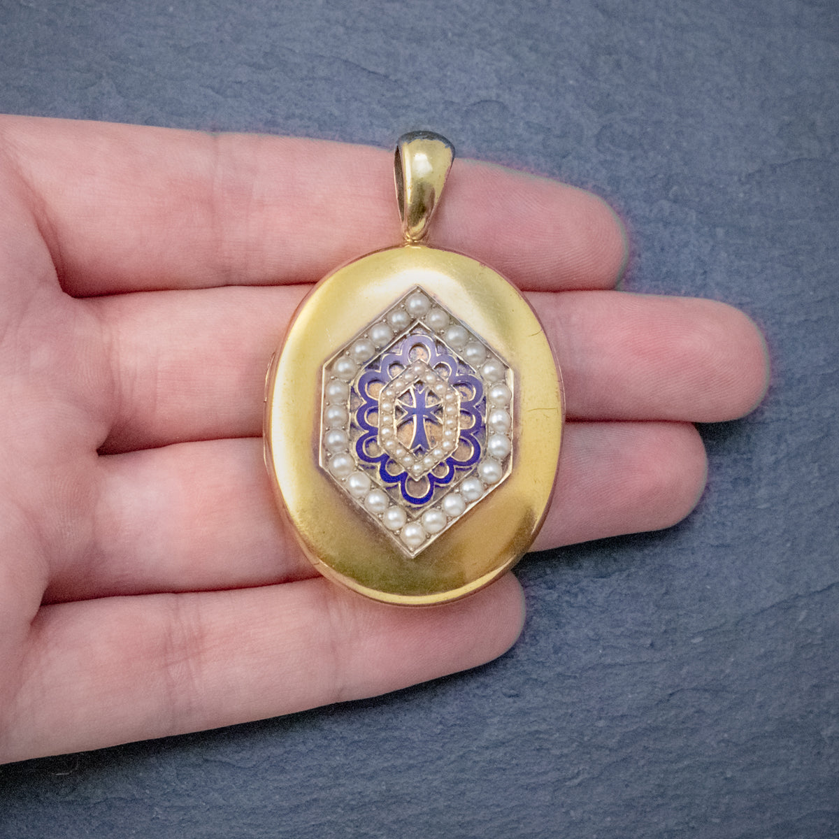ANTIQUE VICTORIAN 18CT GOLD PEARL LOCKET BLUE ENAMEL CROSS CIRCA 1900 BOXED HAND