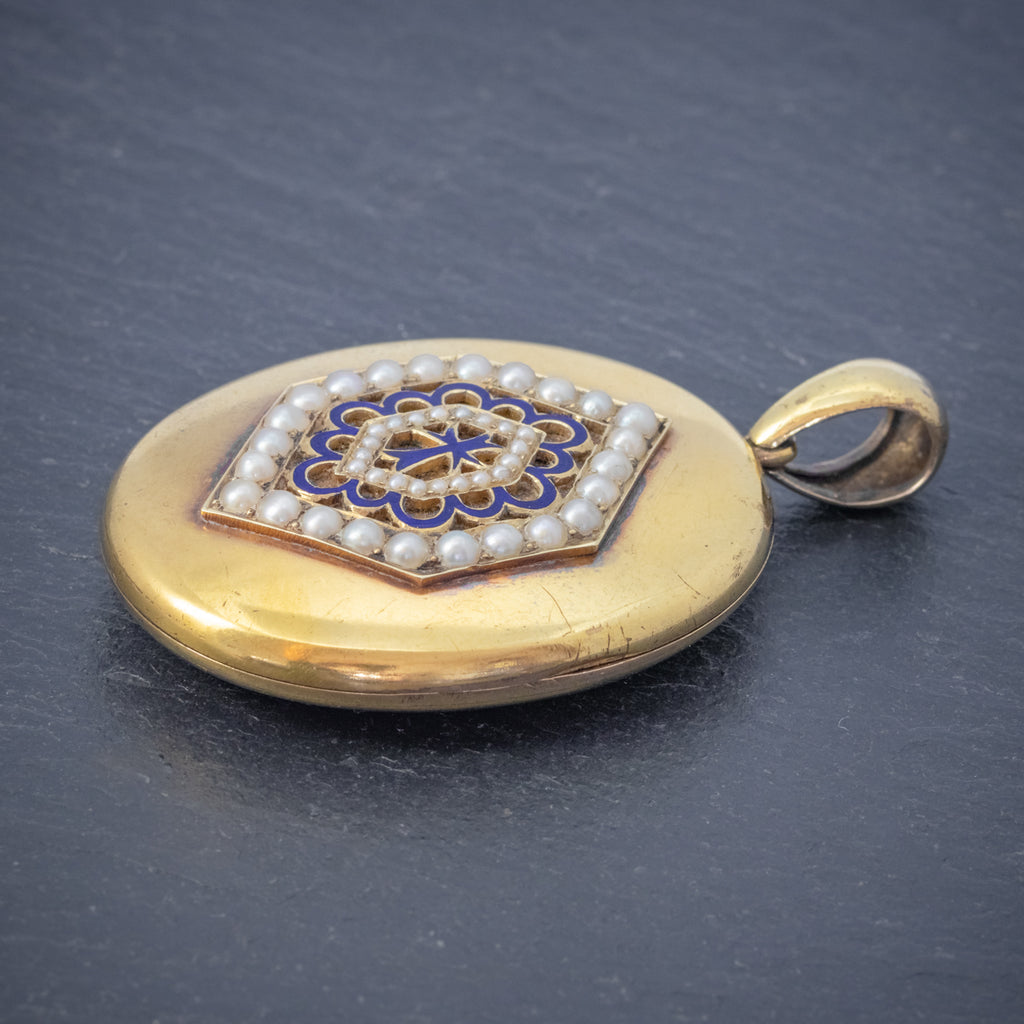 ANTIQUE VICTORIAN 18CT GOLD PEARL LOCKET BLUE ENAMEL CROSS CIRCA 1900 BOXED SIDE