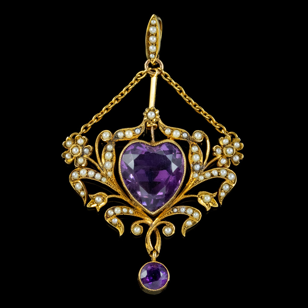 ANTIQUE VICTORIAN AMETHYST PEARL HEART PENDANT 18CT GOLD 10CT AMETHYST CIRCA 1900