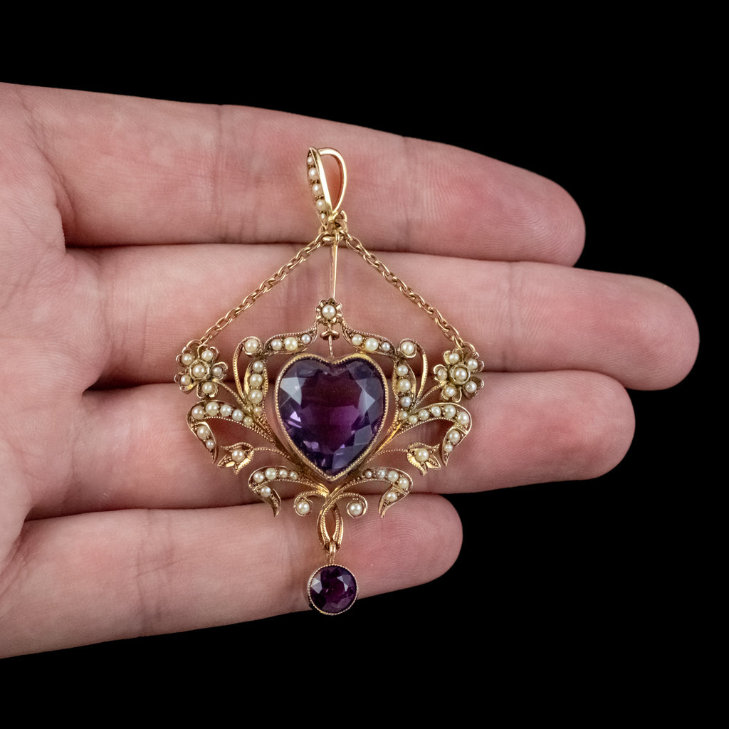 ANTIQUE VICTORIAN AMETHYST PEARL HEART PENDANT 18CT GOLD 10CT AMETHYST CIRCA 1900