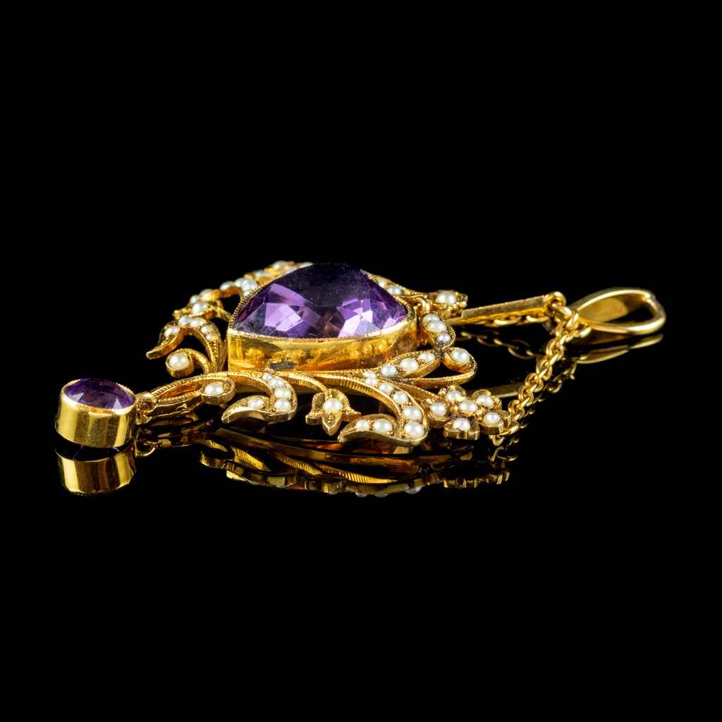 ANTIQUE VICTORIAN AMETHYST PEARL HEART PENDANT 18CT GOLD 10CT AMETHYST CIRCA 1900
