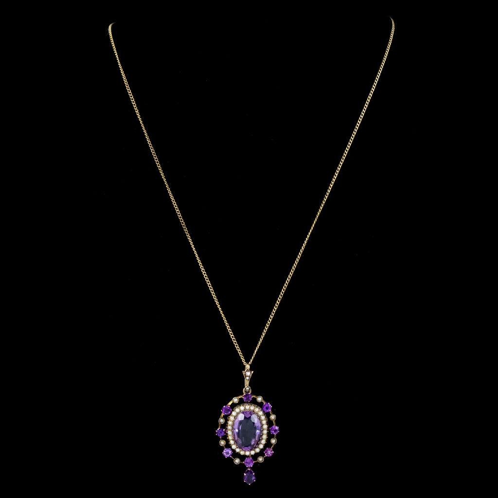 ANTIQUE VICTORIAN AMETHYST PEARL PENDANT NECKLACE 9CT GOLD 12CT AMETHYST CIRCA 1900