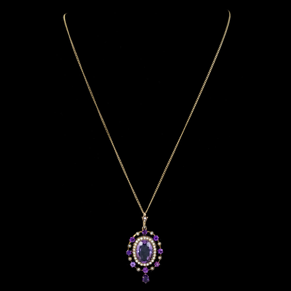 ANTIQUE VICTORIAN AMETHYST PEARL PENDANT NECKLACE 9CT GOLD 12CT AMETHYST CIRCA 1900
