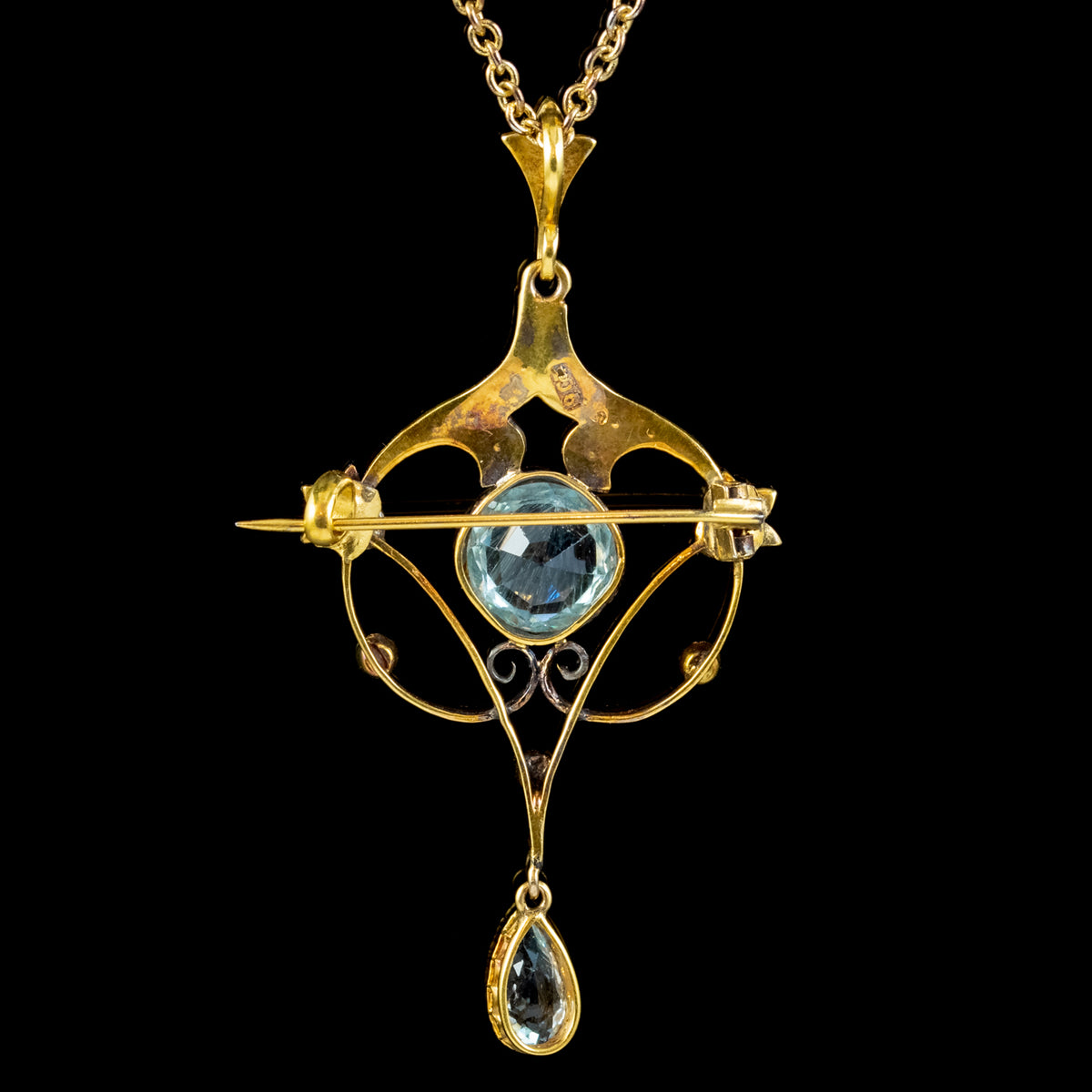 ANTIQUE VICTORIAN ART NOUVEAU AQUAMARINE PEARL PENDANT NECKLACE 9CT GOLD CIRCA 1900 BACK