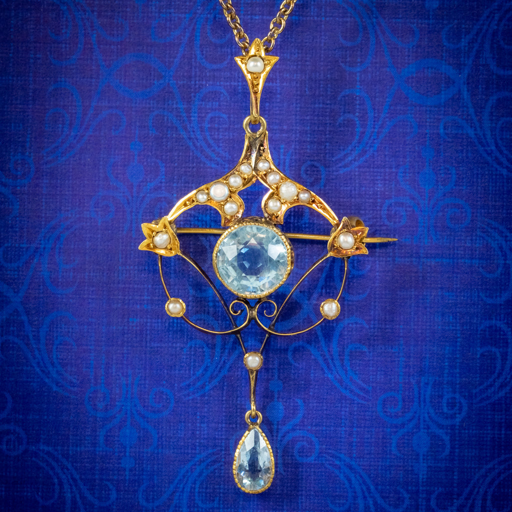 ANTIQUE VICTORIAN ART NOUVEAU AQUAMARINE PEARL PENDANT NECKLACE 9CT GOLD CIRCA 1900 COVER