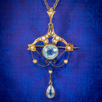 ANTIQUE VICTORIAN ART NOUVEAU AQUAMARINE PEARL PENDANT NECKLACE 9CT GOLD CIRCA 1900 COVER