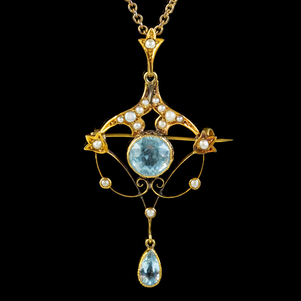 ANTIQUE VICTORIAN ART NOUVEAU AQUAMARINE PEARL PENDANT NECKLACE 9CT GOLD CIRCA 1900 FRONT